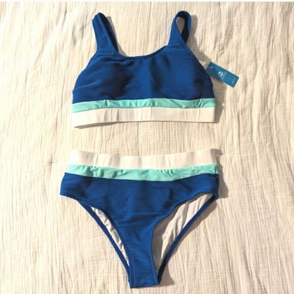 Cupshe Blue Bikini Medium High Waisted Swim Suit Bathing Suit New Colorblock - Picture 3 of 6